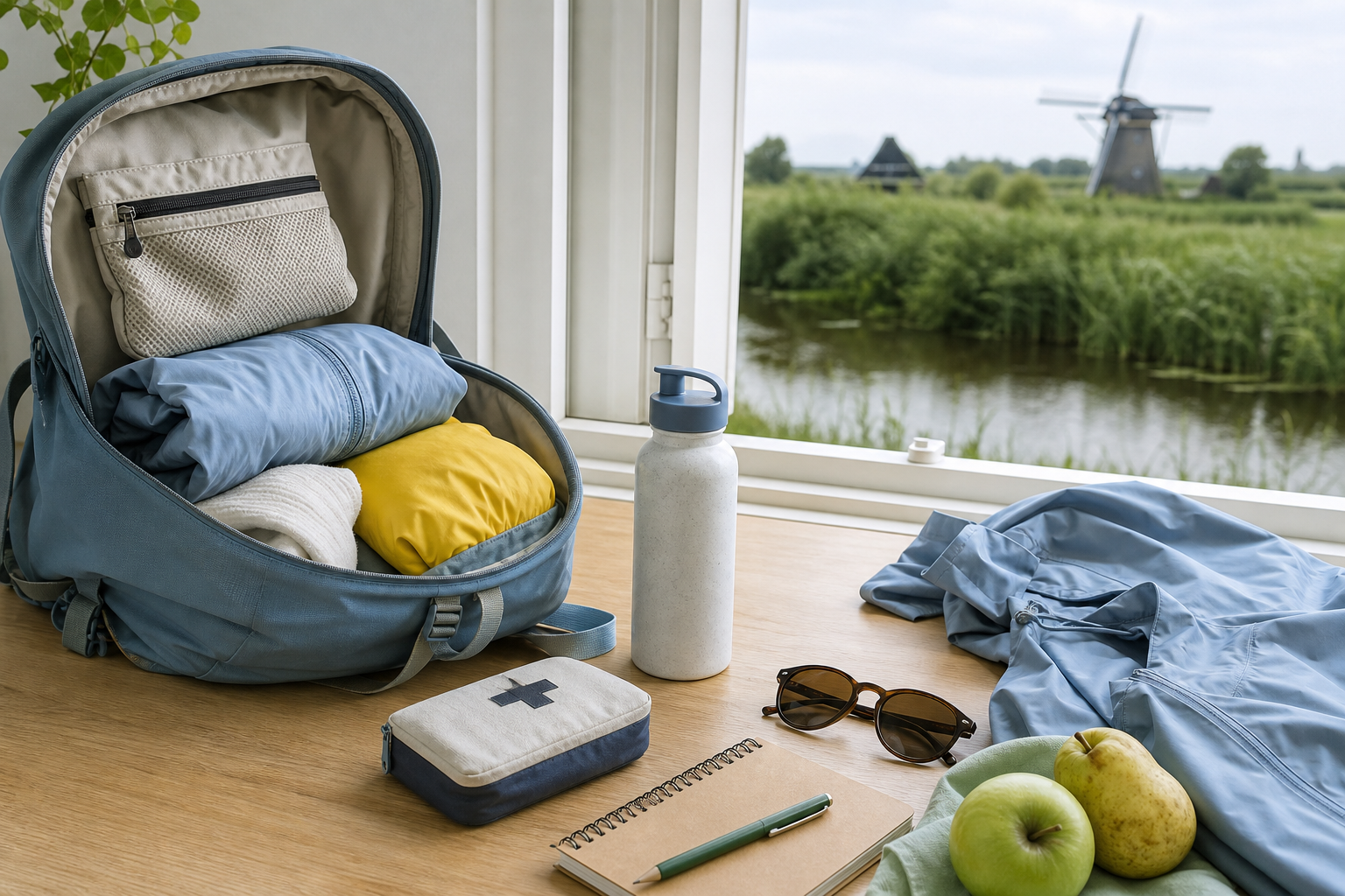 Compacte reisnotities, telefoon en kleine powerbank naast een dagtas
