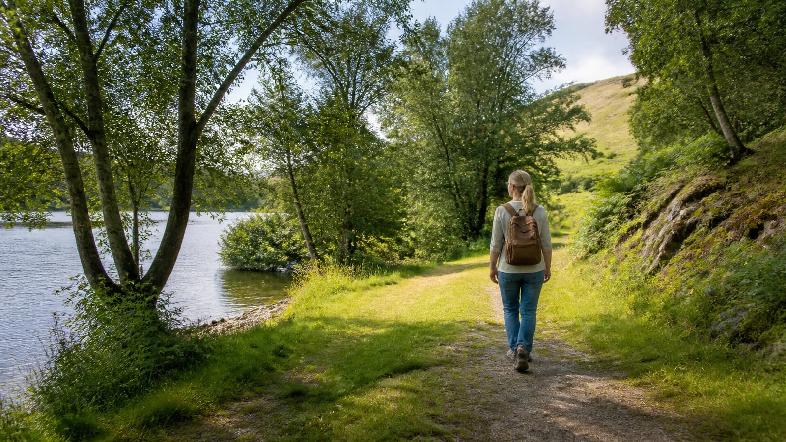 Wandelaar volgt een rustig pad langs het water