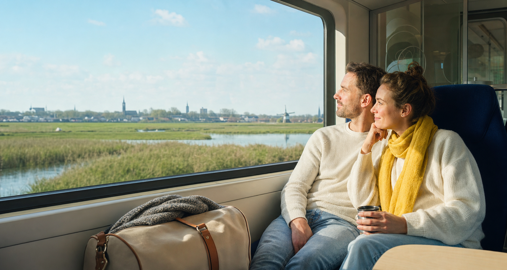 Twee reizigers met weekendtas kijken vanuit de trein over het Nederlandse landschap