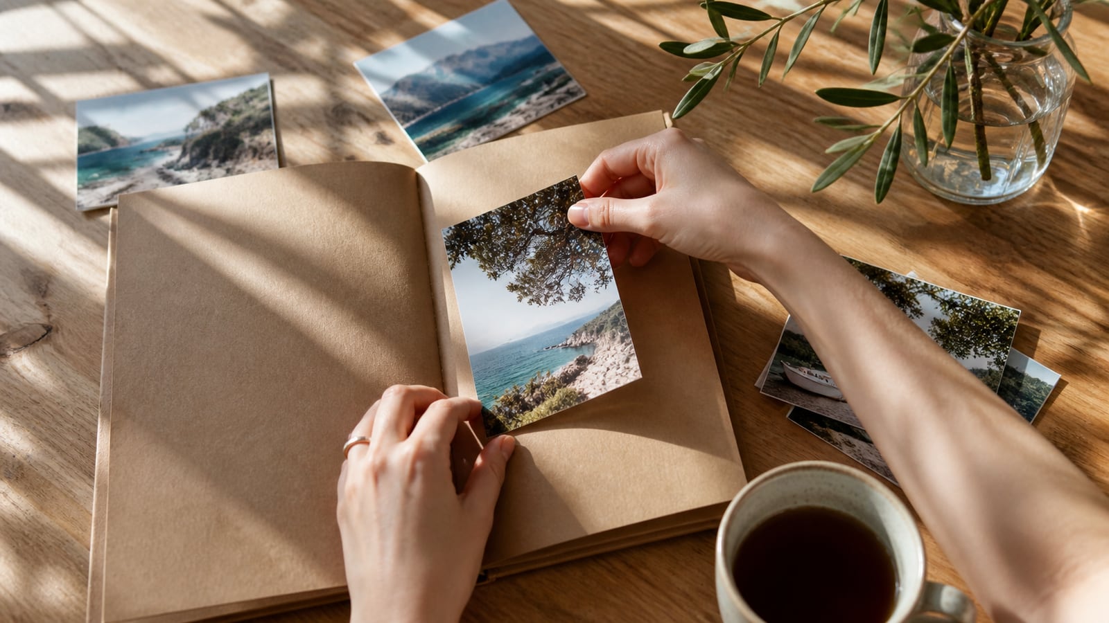 Handen bewaren vakantiefotos in een album op een houten tafel